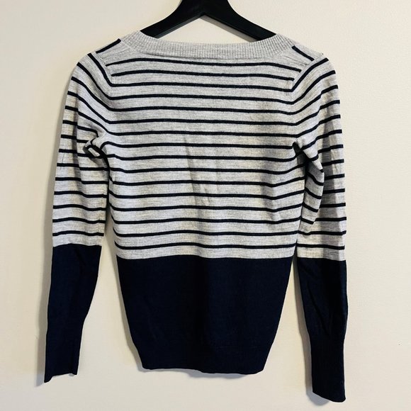 Club Monaco Gray & Dark Blue Striped V-Neck Wool Sweater, Size S - Picture 3 of 12